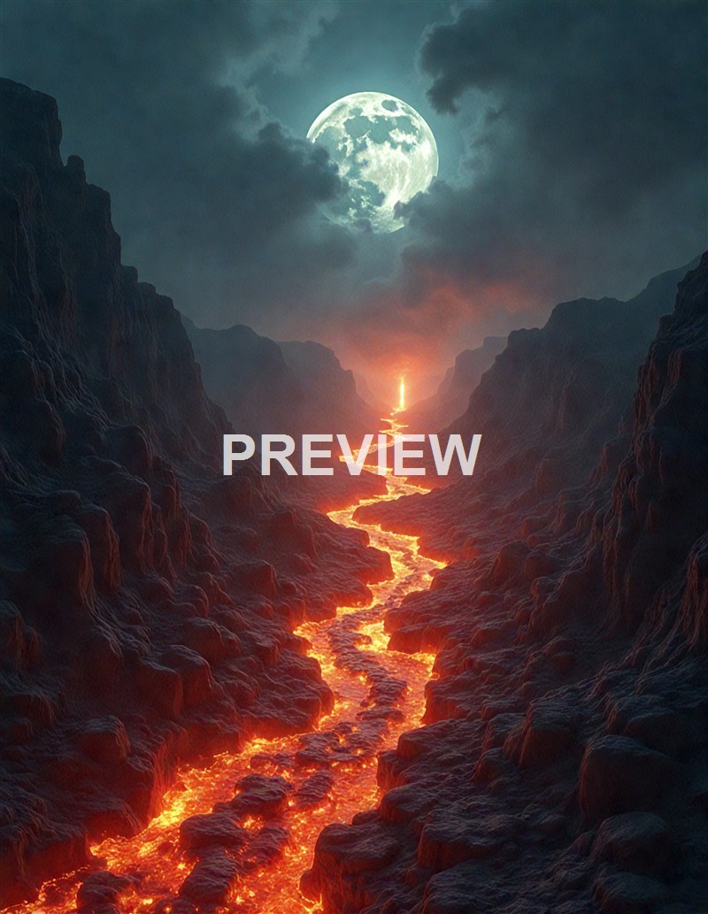 A surreal landscape featuring a glowing river of lava flowing through a dark canyon, with a large, bright moon partially obscured by clouds in the night sky.